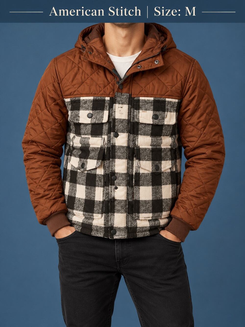 American Stitch Mix Media Hooded Jacket Brown Plaid Quilted Men’s M NWT